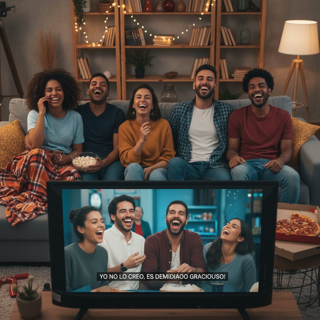 Multicultural group of friends laughing together at subtitled comedy movie