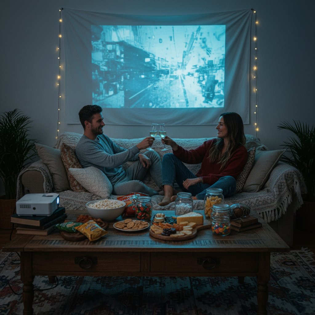 Movie night essentials: projector, snacks, indie film poster on wall, two people clinking glasses