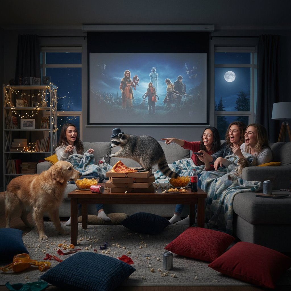 Movie night scene with unexpected interruptions