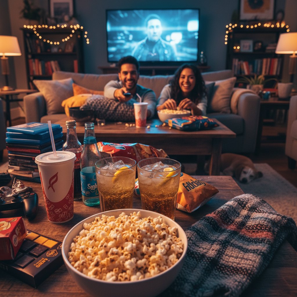 Stylish flat lay of popcorn, drinks, and streaming remote on funky table
