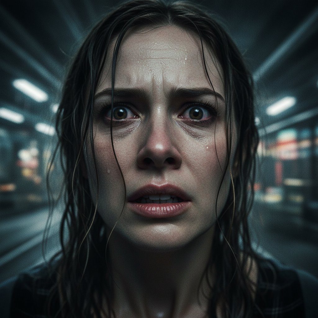 Close-up of a terrified protagonist with harsh lighting and chaotic background, movie panic movies