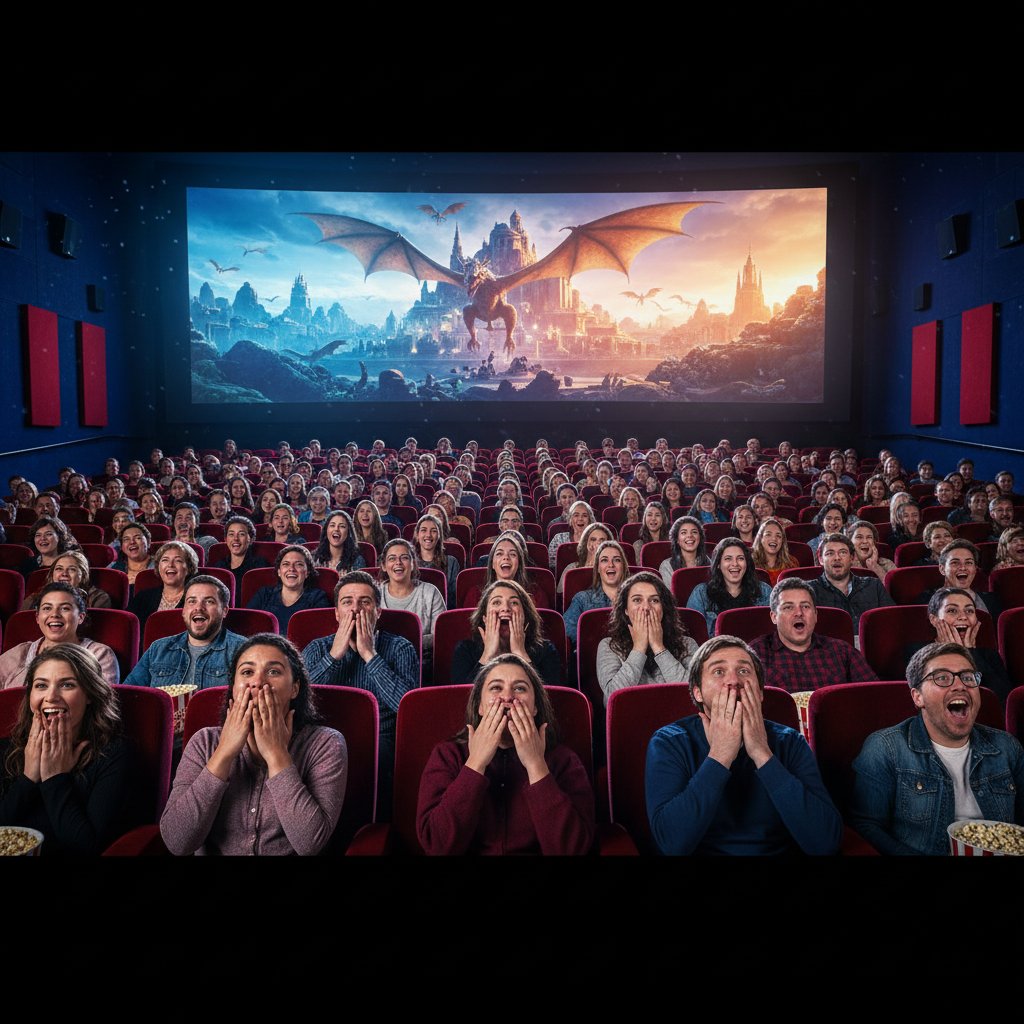 Audience reacting to high quality vs low quality movie projection, illustrating impact of movie picture quality