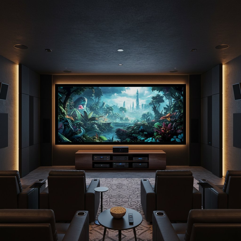 Modern home theater room with optimal lighting and calibration, showing high-end movie picture quality setup
