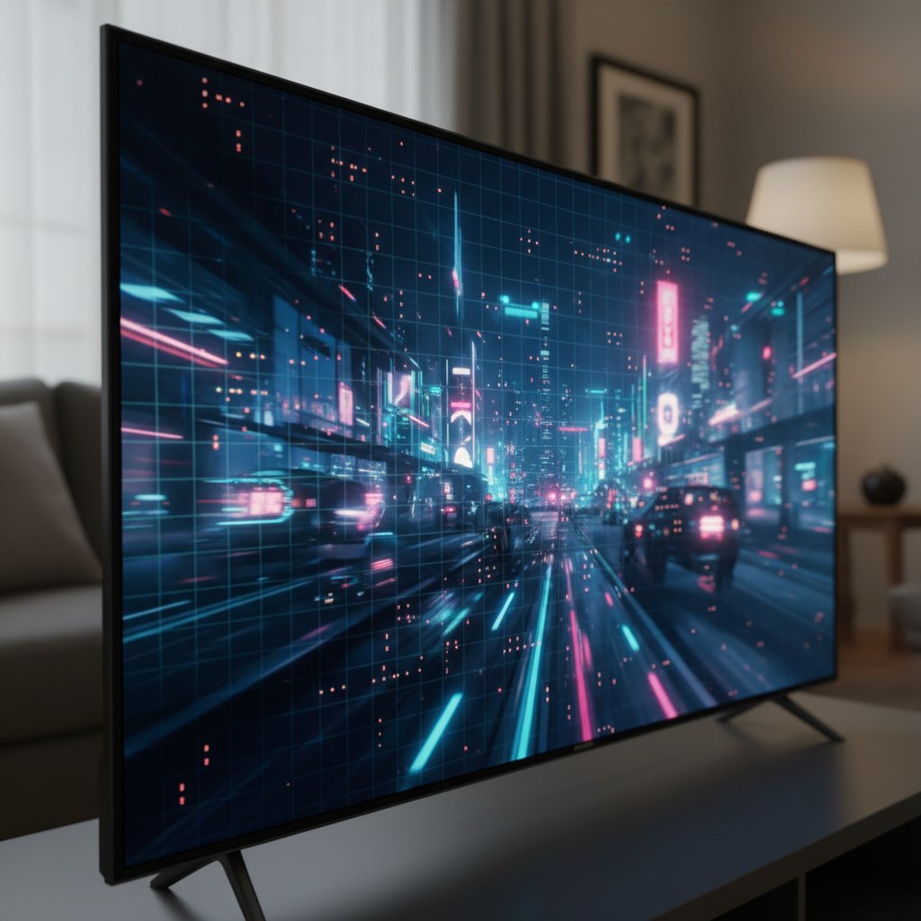 Ultra close-up of TV pixels on multiple screens, showing differences in movie picture quality