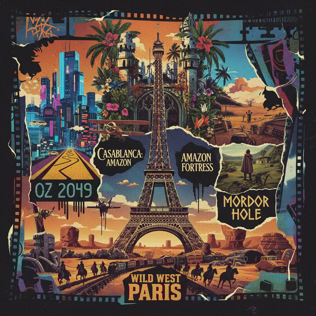 Collage of classic movie posters, edgy overlays, bold graphic design, 16:9 aspect