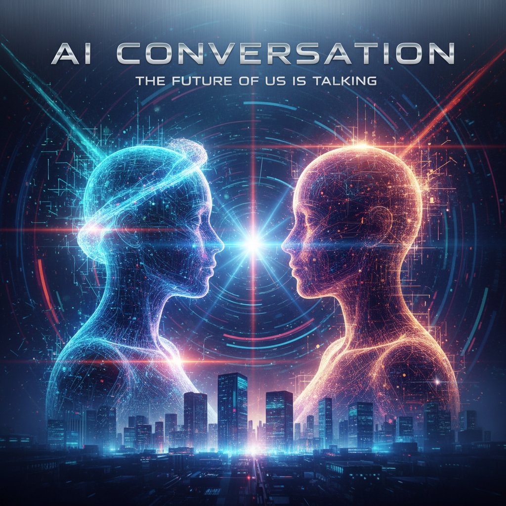 Plakat filmowy inspirowany motywem rozmów z AI, nowoczesna estetyka, dynamiczne światło