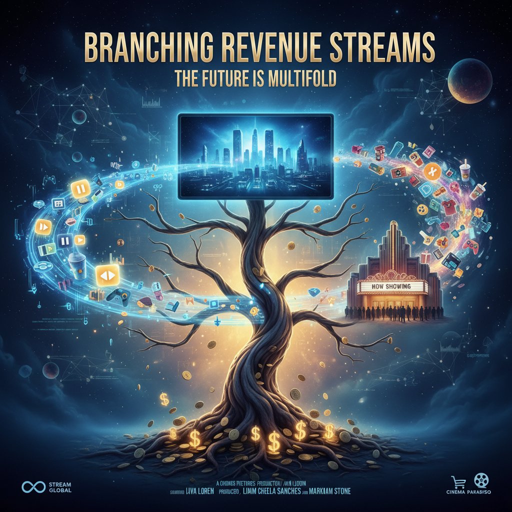 Movie revenue streams diagram, central film poster branching into streaming, merchandise, global sales