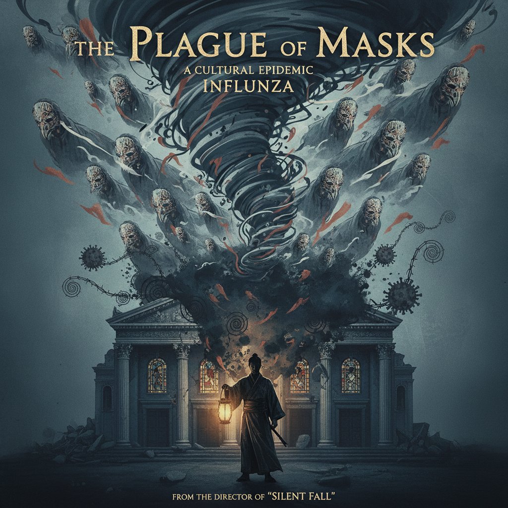 Stary plakat filmowy przedstawiający epidemię, zamaskowani ludzie, motyw zagrożenia w kulturze