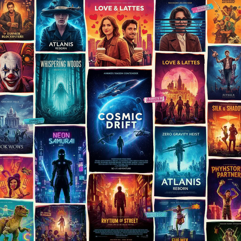 Collage of movie posters from diverse genres released this month, overlapping and vibrant