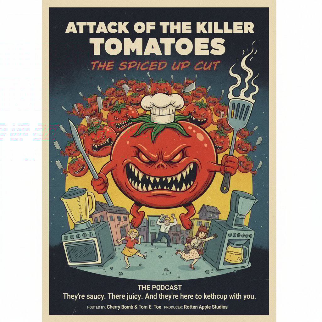 Movie poster parody as podcast artwork, stylized satire for movie podcast comedy cinema