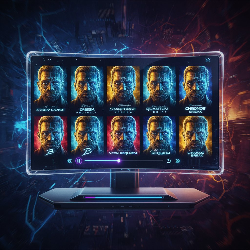 Movie poster thumbnails on smart TV with Bruckheimer’s face reflected, modern streaming interface, futuristic restless mood