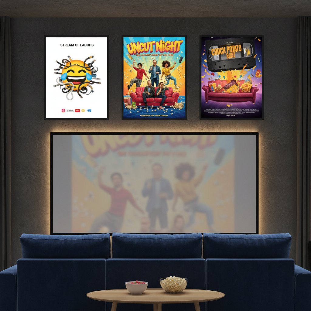 Movie posters of top modern untrimmed comedies displayed in a trendy home cinema