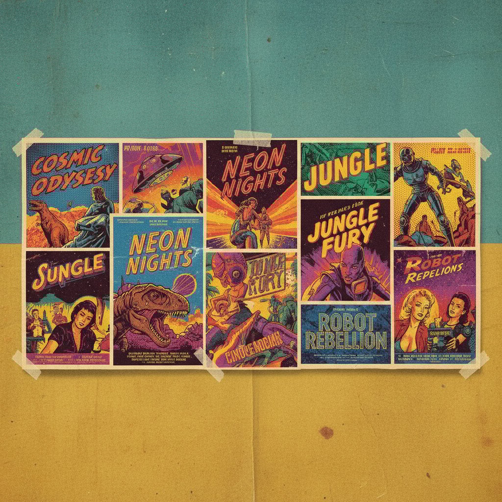 Collage of iconic movie posters with bold colors and retro vibe, 16:9, illustrating classic portmanteau movies