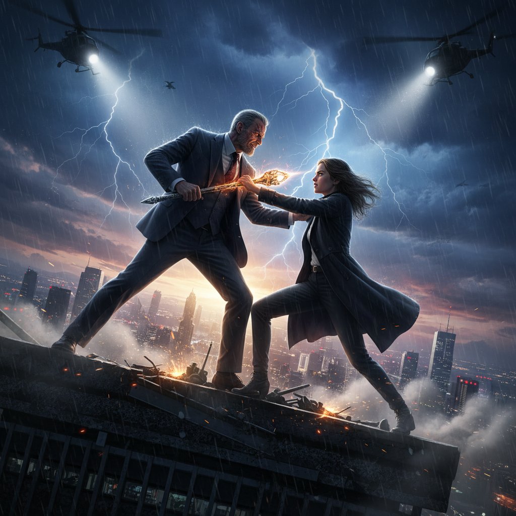 Climactic power struggle movie scene, dynamic tension, cinematic lighting, iconic moment