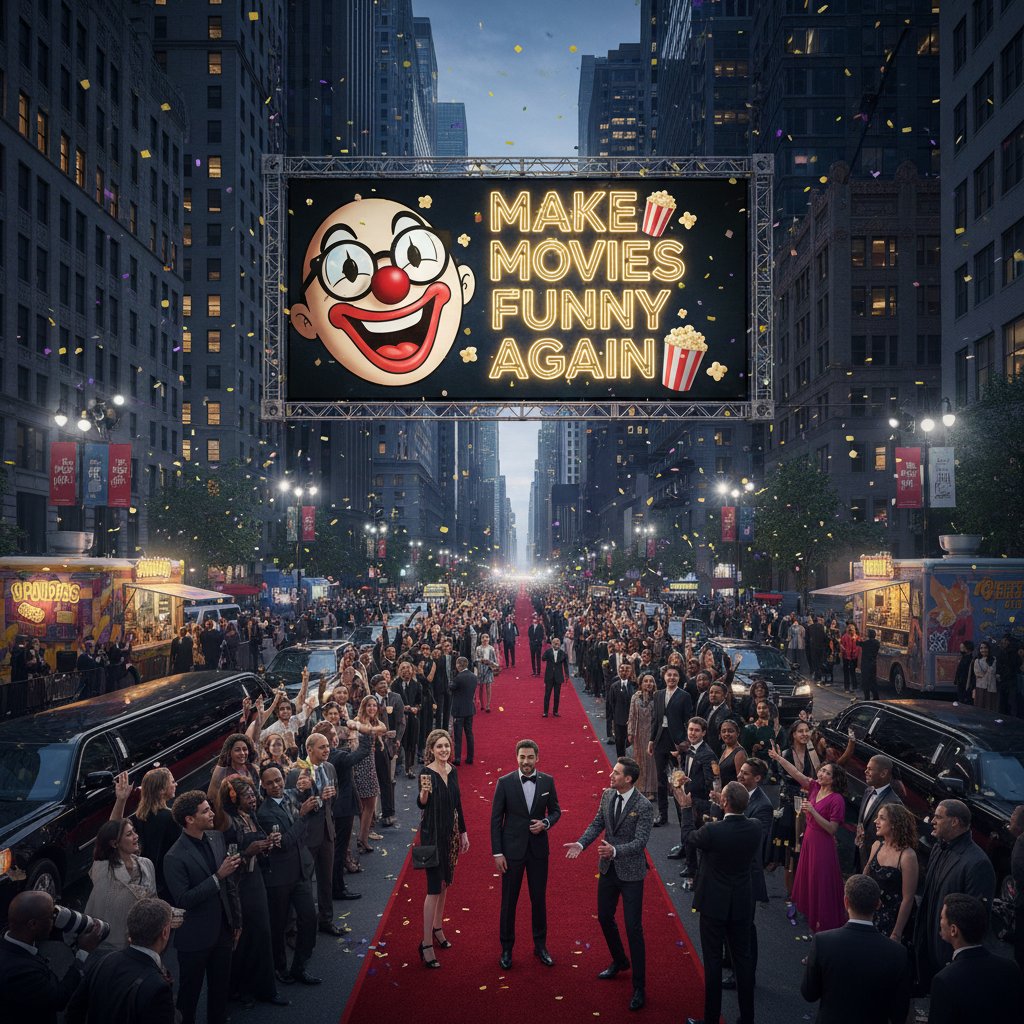 Movie fans demand more genuine comedy at a premiere, urban crowd holding 'Make Movies Funny Again' signs