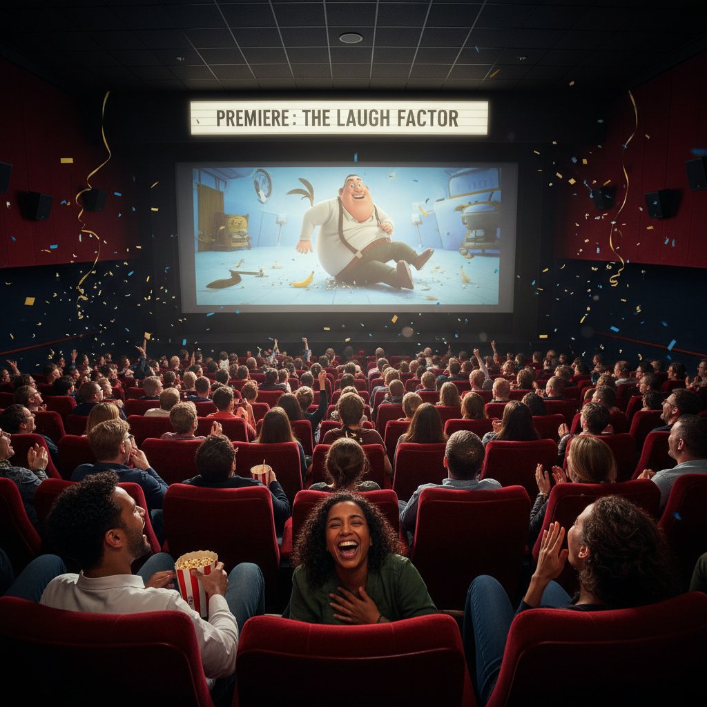 Audience caught in a wave of laughter at a 2025 comedy movie premiere, evoking the unique communal energy of movie premiere comedy cinema