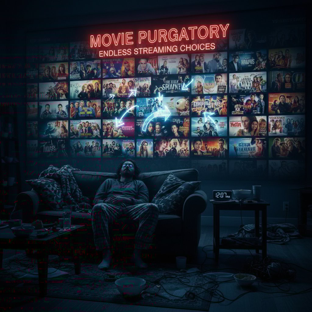 A person lost in indecision, scrolling through movie options at midnight, representing movie purgatory movies and endless streaming choices