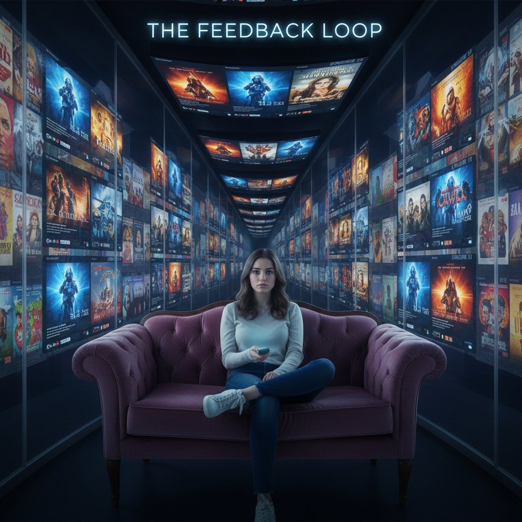 Visual metaphor for movie recommendation echo chambers on streaming platforms