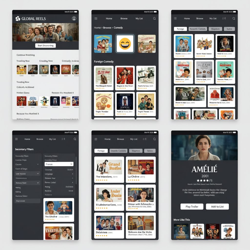 Modern movie recommendation interface, user selecting a foreign comedy, engaging with personalized AI-powered suggestions