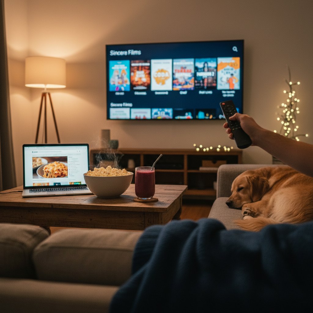 A young person browsing sincere movie recommendations on a laptop, tasteray.com open on the screen.