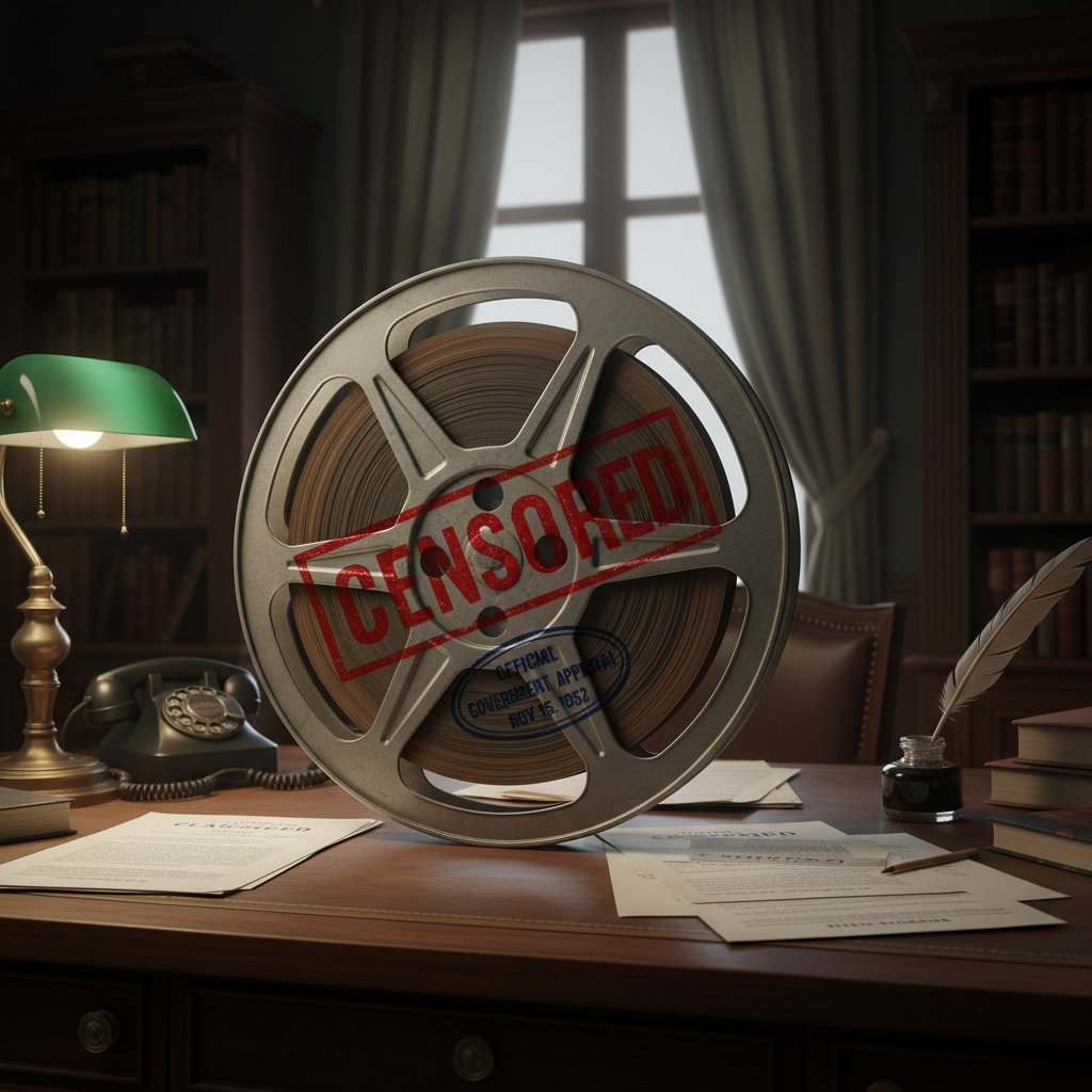 Movie reel with 'censored' stamp in official-looking office