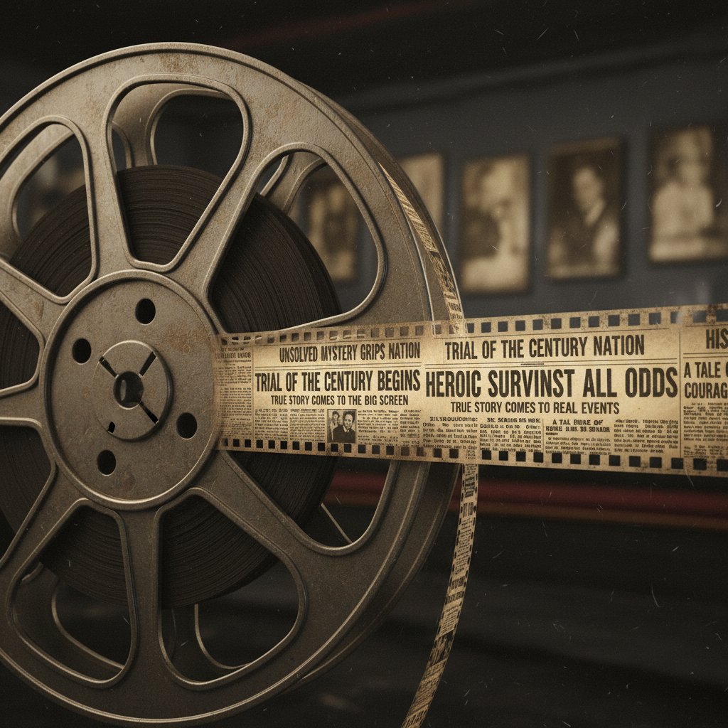 Movie reel merged with newspaper headlines symbolizing true story adaptations