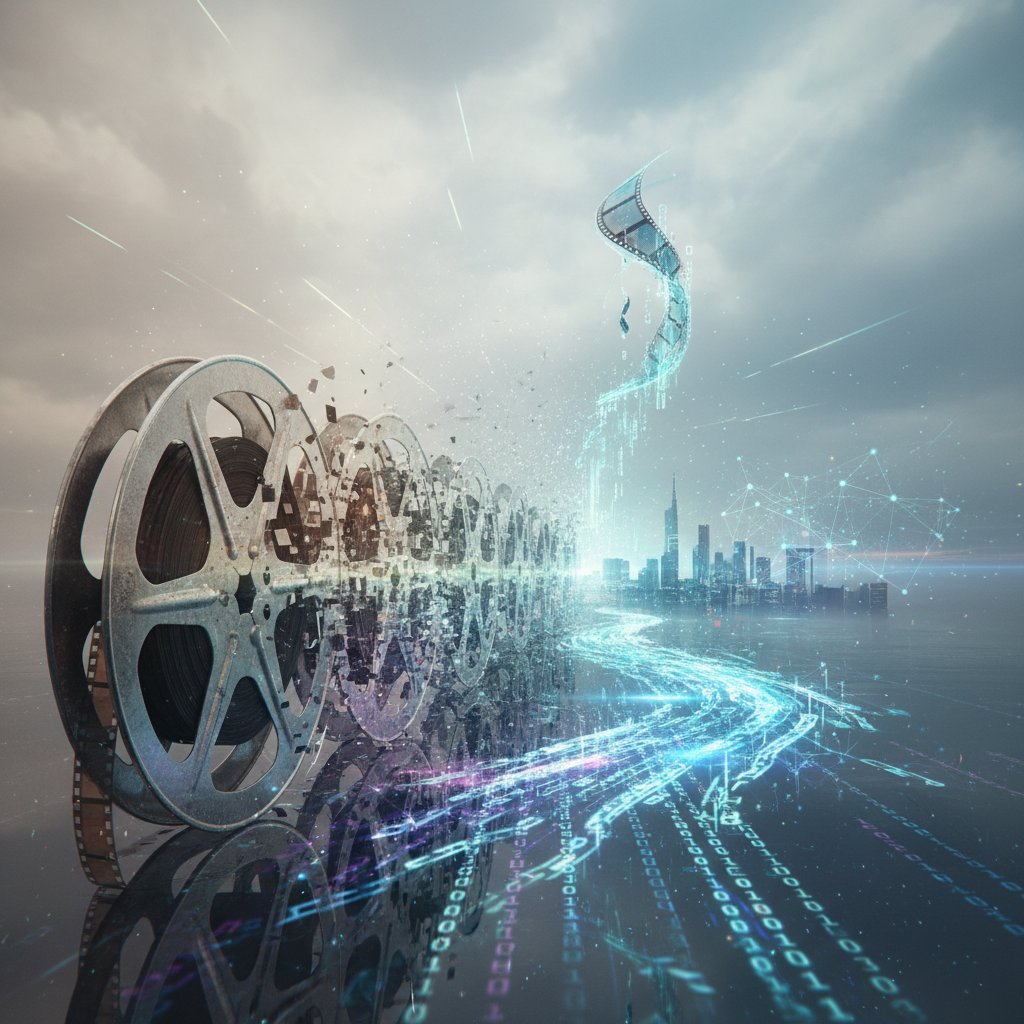 Movie reels morphing into digital code, symbolic, poignant, forward-looking, cultural legacy of anniversary edition movies