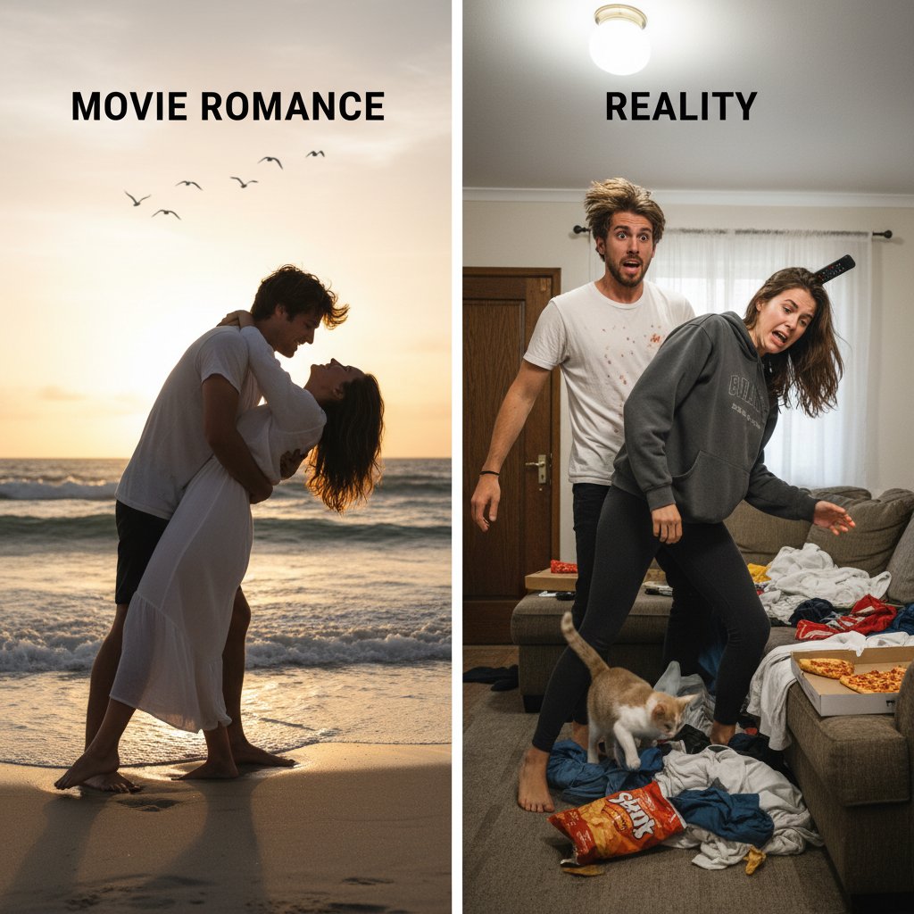 Split scene: Couple in comedic chaos, contrasted with real-life awkwardness