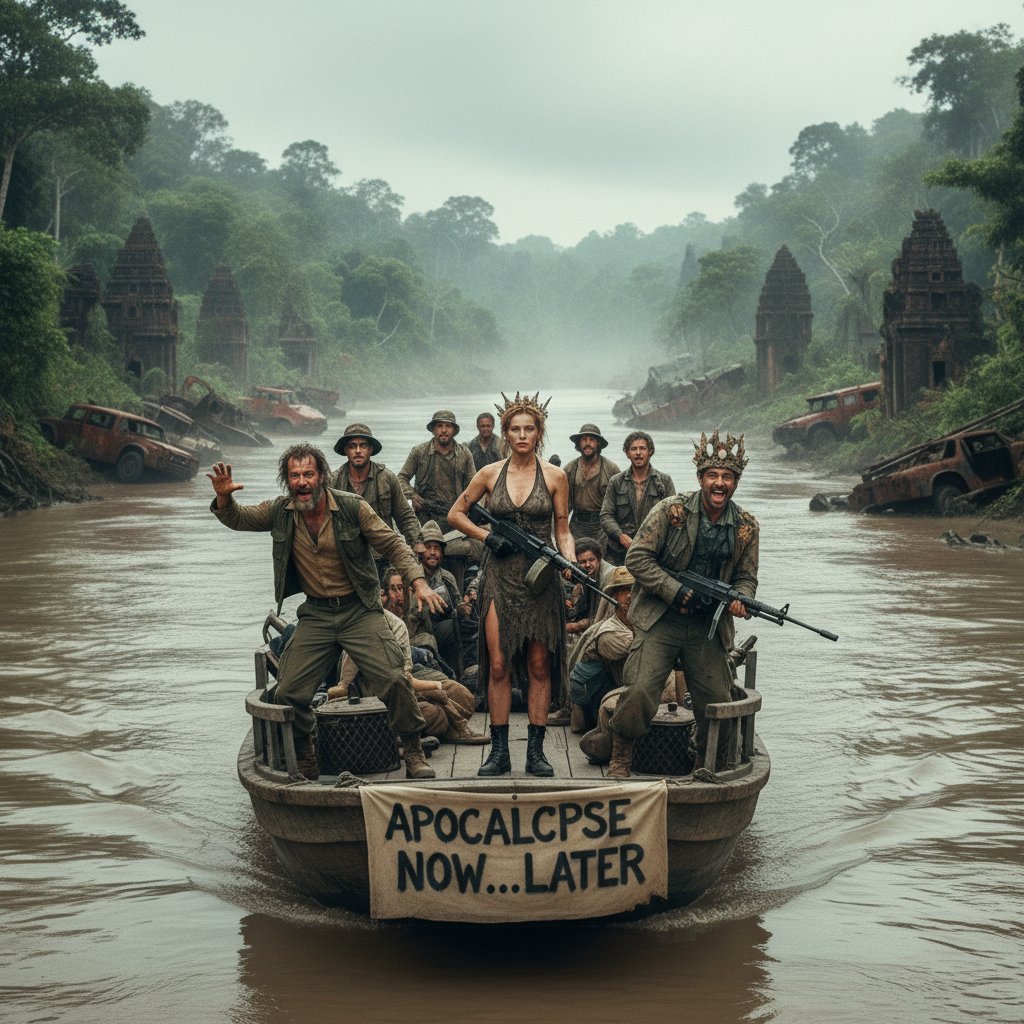 Photo of a movie scene with actors navigating a flooded jungle river, representing subversive jungle films