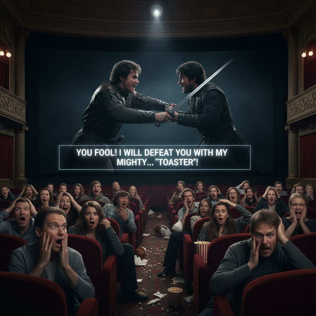 Movie scene with infamous mistranslated subtitle and shocked audience reaction