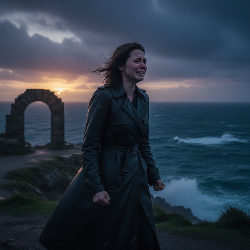 Kadr z filmu ukazujący osobę zmagającą się z emocjami, klimat wieczorny