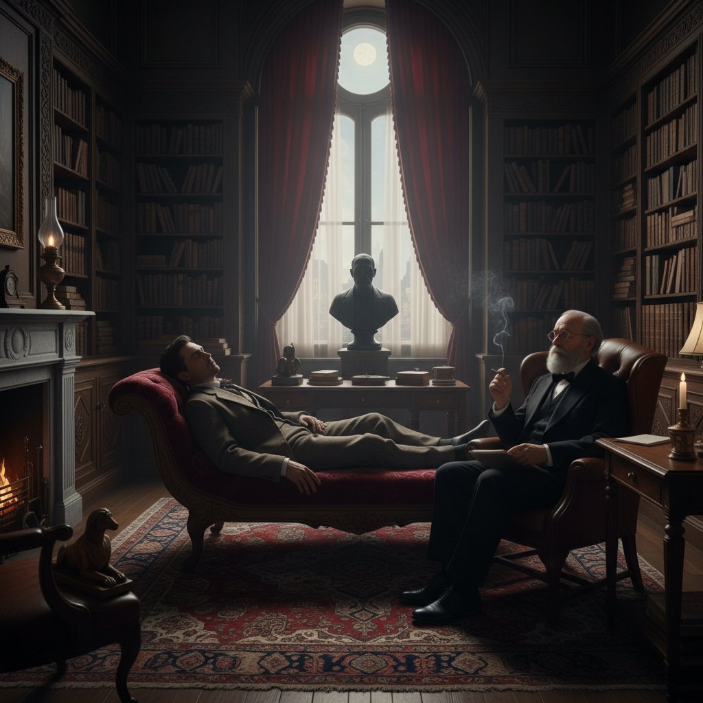 Kadr z filmu ukazującego sesję psychoterapeutyczną, mroczne wnętrze, inspiracja Freudem, słowa kluczowe: psychoanaliza, popkultura