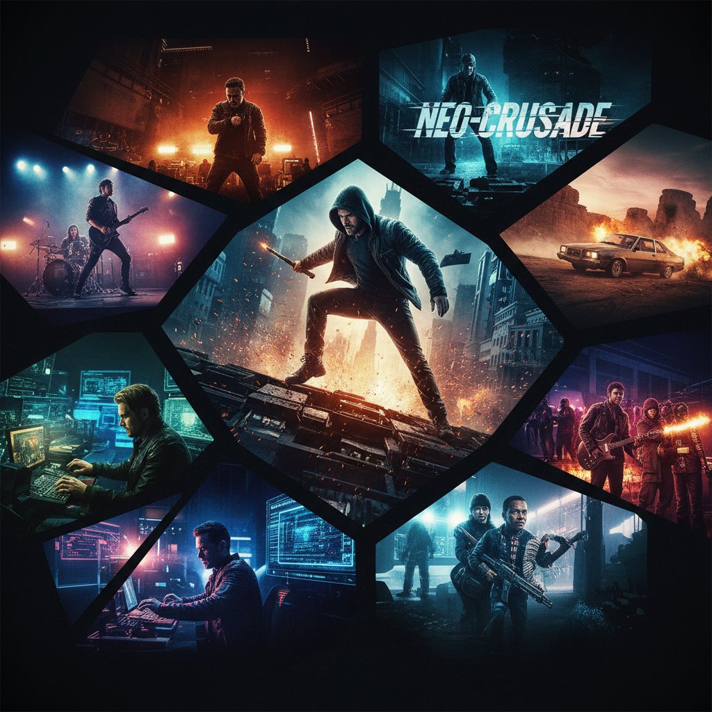 Photo collage of movie scenes from different genres with high energy and edgy lighting, 16:9, referencing the resurgence of portmanteau movies