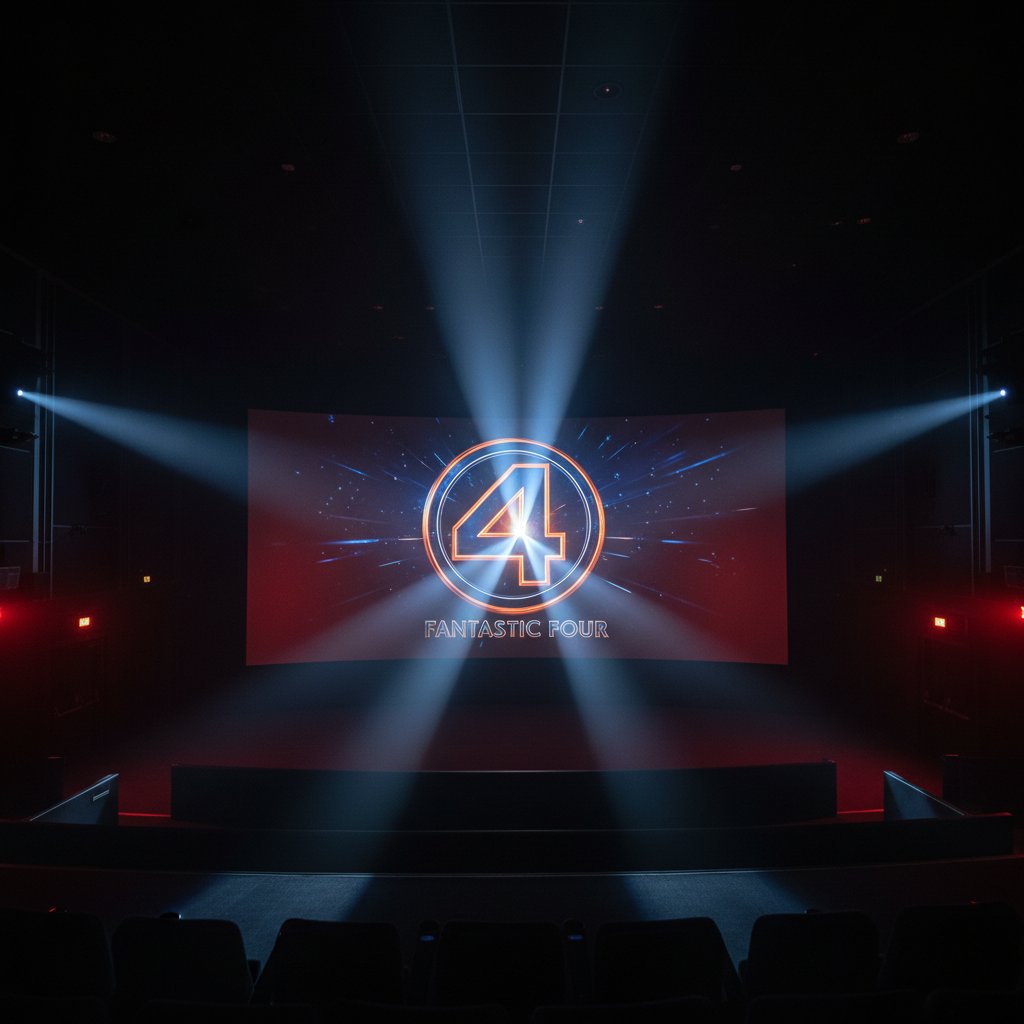 Blank movie screen with Fantastic Four logo illuminated, suggesting possibility and uncertainty