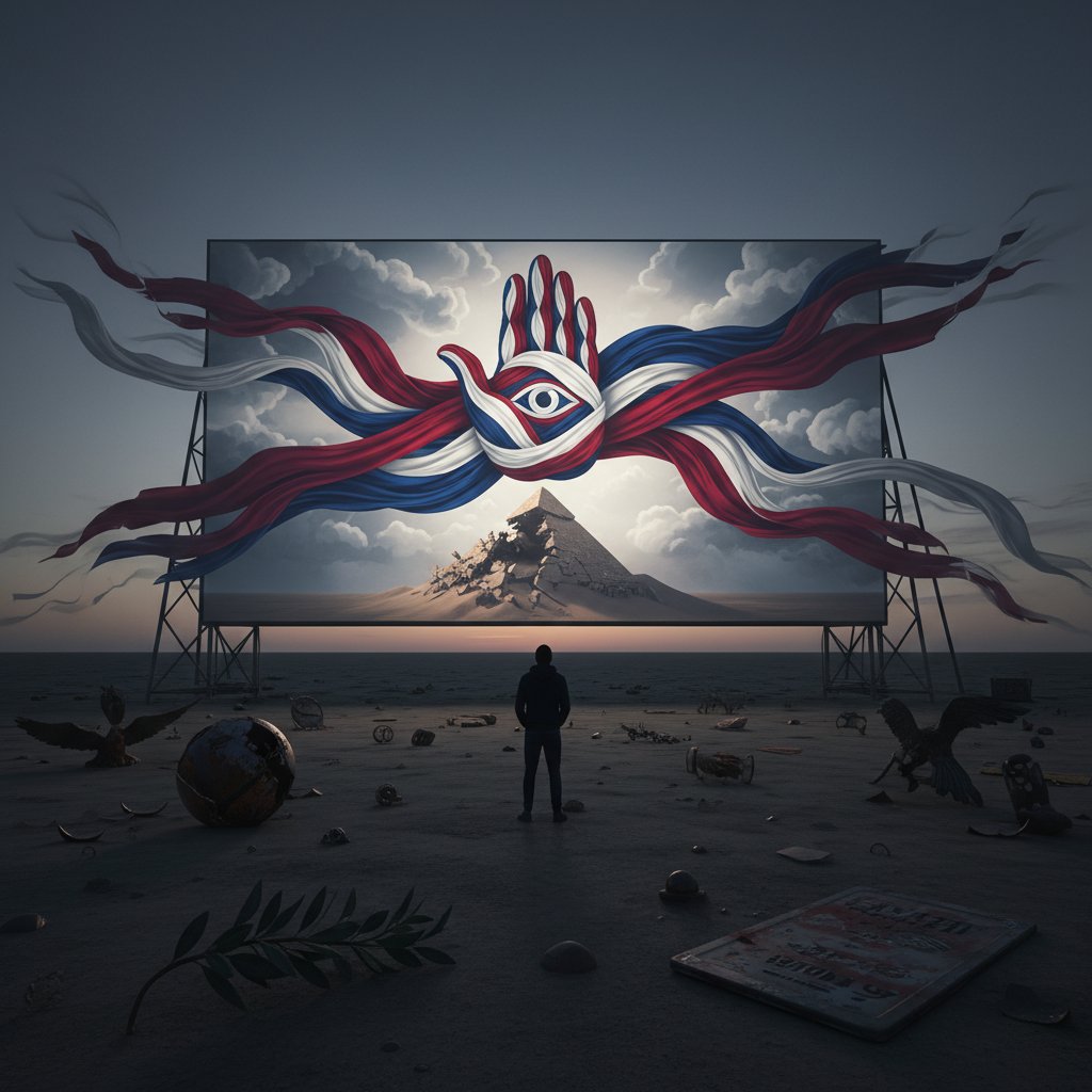 Symbolic photo showing a movie screen morphing into a national flag, representing the cultural influence of biopic movies