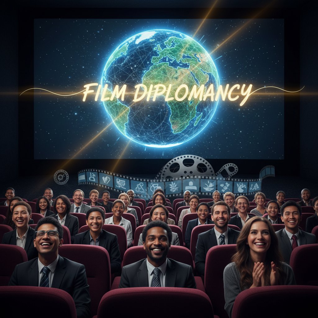 Movie screen projecting a globe over a diverse audience, hopeful, symbolic photo, uplifting, contemplative, movie film diplomacy