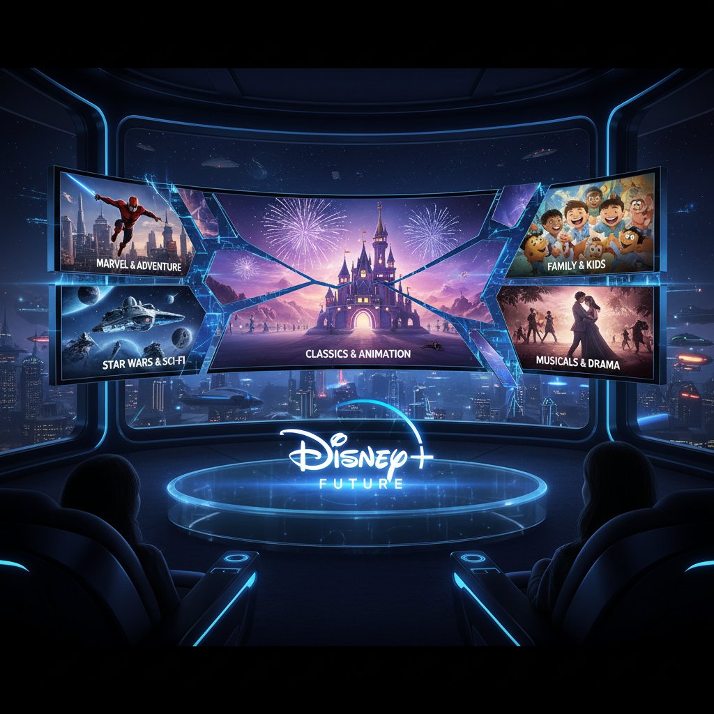 Movie screen splitting into different genres, symbolic of Disney Plus’s evolving future.