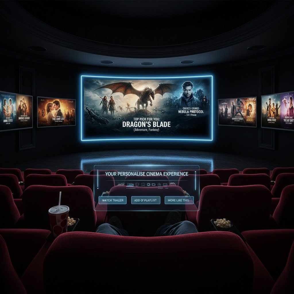 Kolaż ekranów z różnymi rekomendacjami filmowymi, widok z perspektywy użytkownika