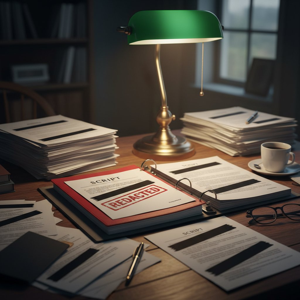 Movie scripts with redacted lines next to real-life documents, dramatizing the adaptation process