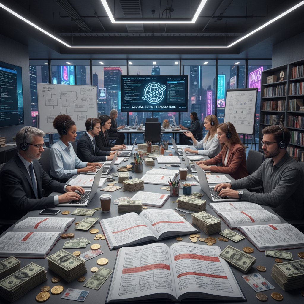 Stacks of movie scripts in different languages with money, symbolizing localization investment