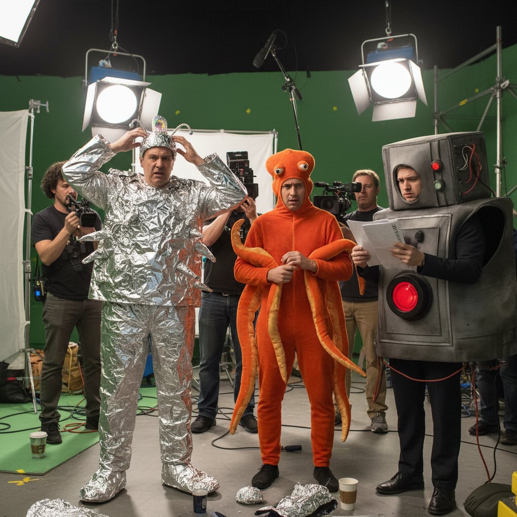 A movie set with actors in questionable costumes, looking awkward and out of place