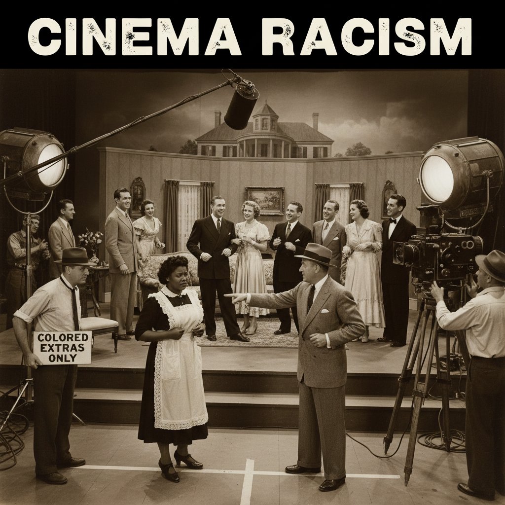 Movie set with director and actors discussing a dramatic scene about race, cinema representation