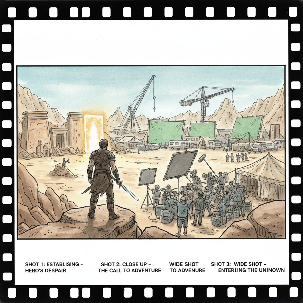 Stylized storyboard map overlaying a film set; hero’s journey arc visually mapped for movie pattern movies context