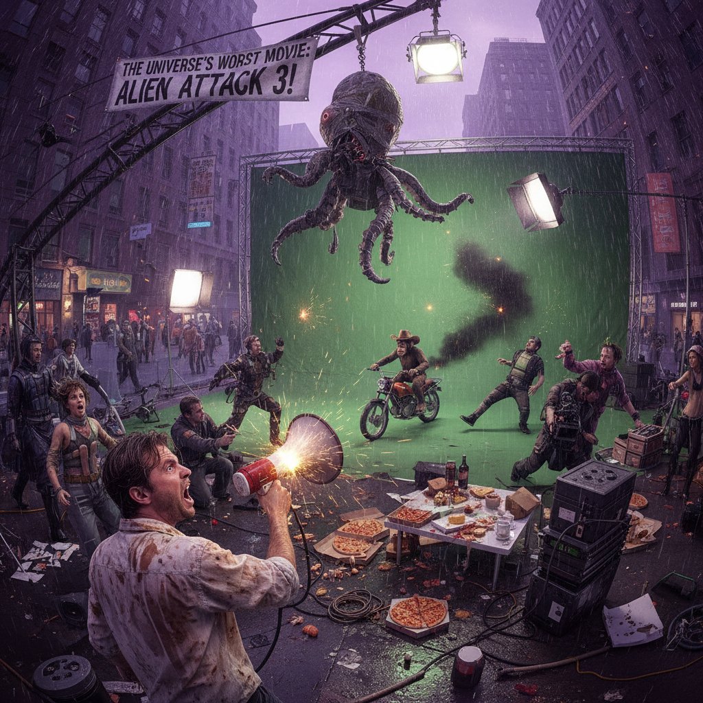 Film crew struggles with technical problems on a doomed movie set, props in disarray and frustrated staff highlight worst movie chaos