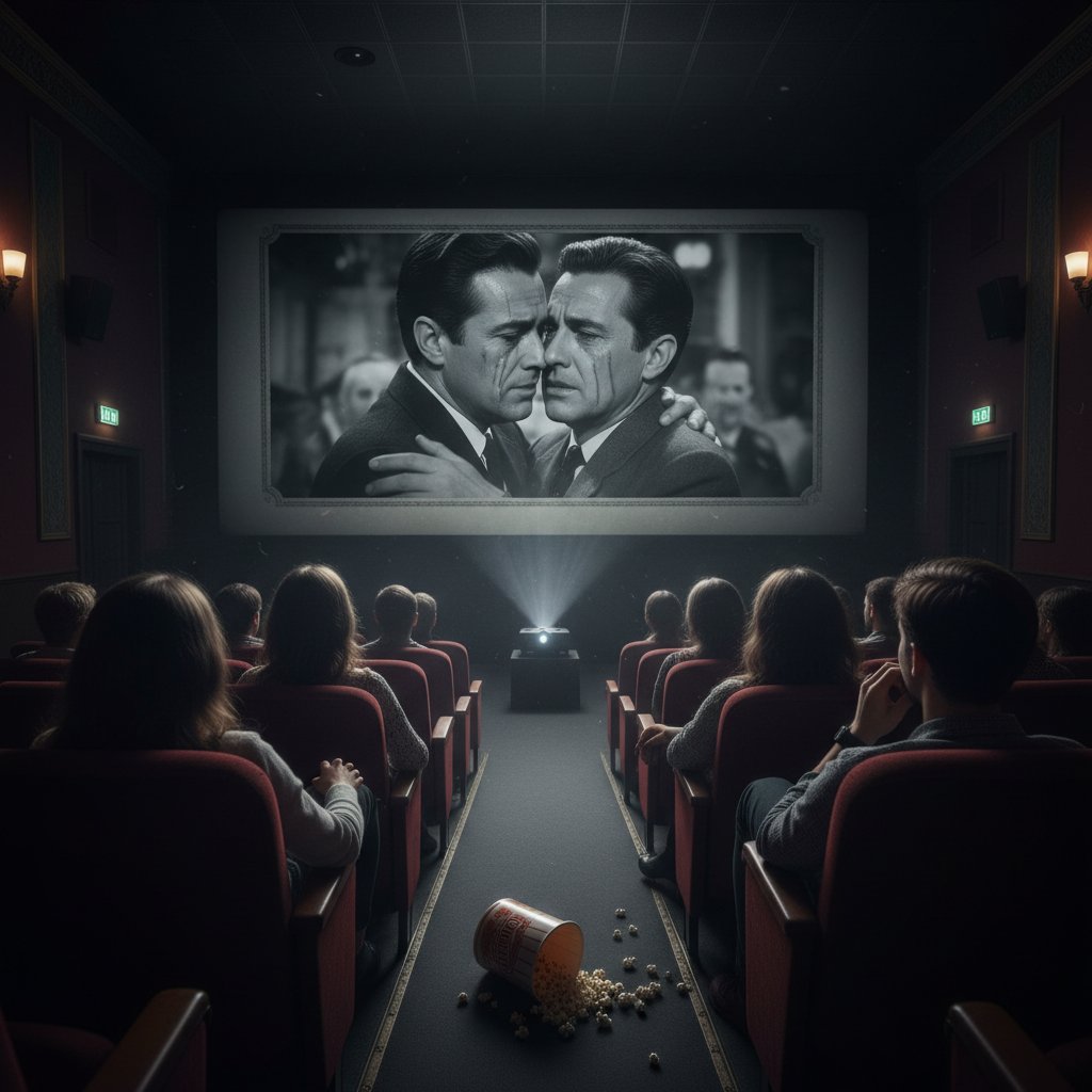 A lone moviegoer sitting in a shadowy theater, their face illuminated by the raw emotion of a sincere movie.