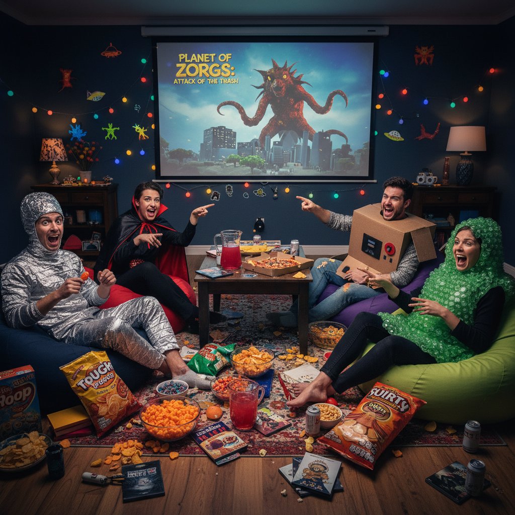 Friends in a living room throwing a themed bad movie night, movie so bad good movies, quirky snacks and costumes
