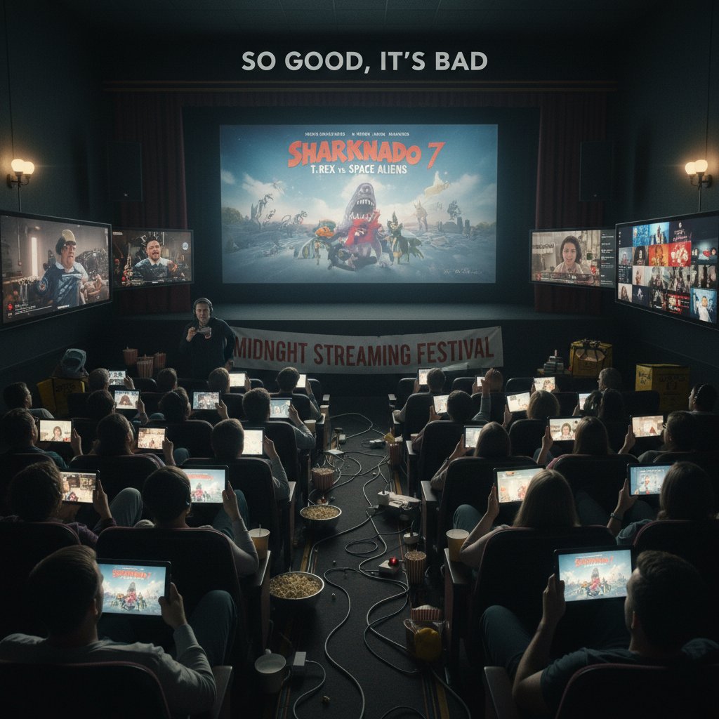 Side-by-side of classic and modern bad movie audience, movie so bad good movies, midnight screening and streaming party