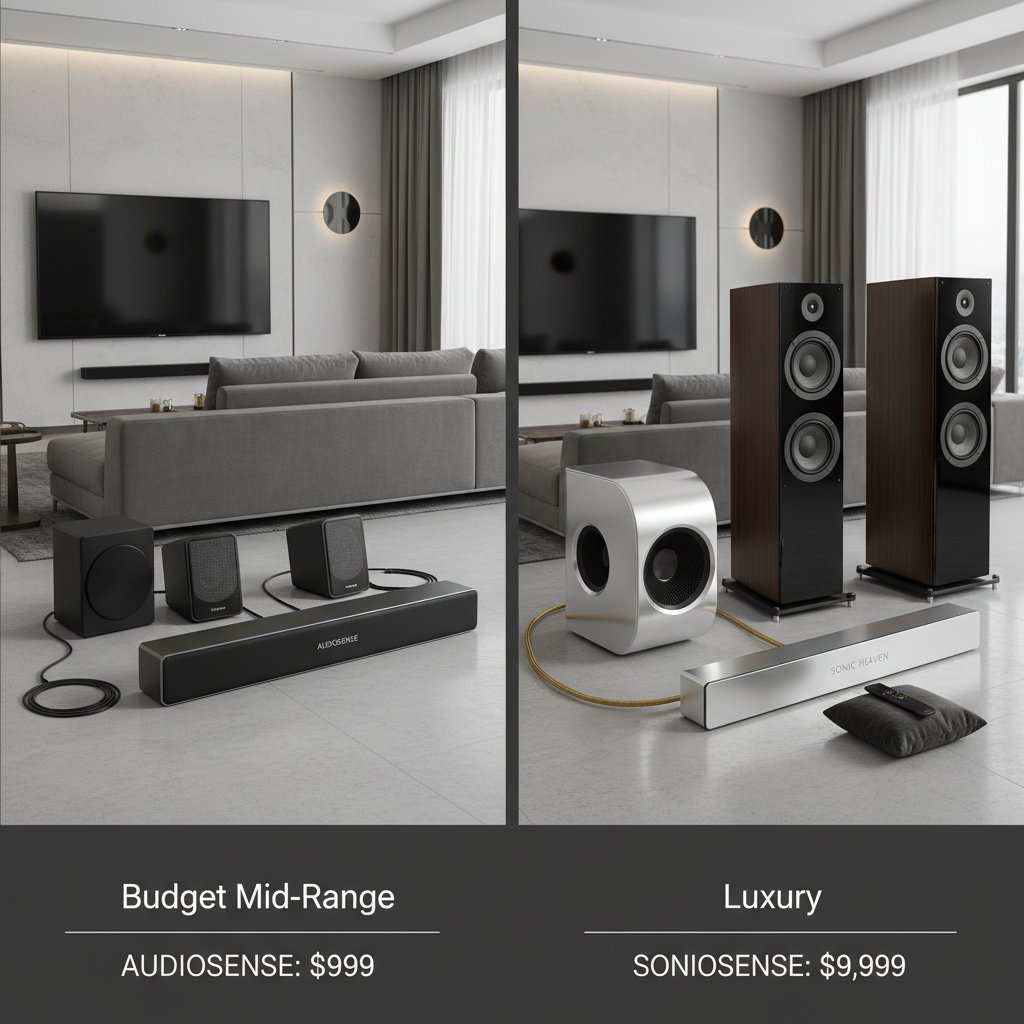 Three movie sound systems at different price points, budget, mid-range, and luxury