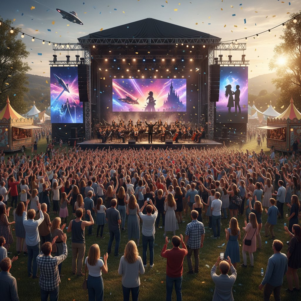 Diverse crowd bonding at an outdoor movie soundtrack concert, documentary vibrant festival atmosphere