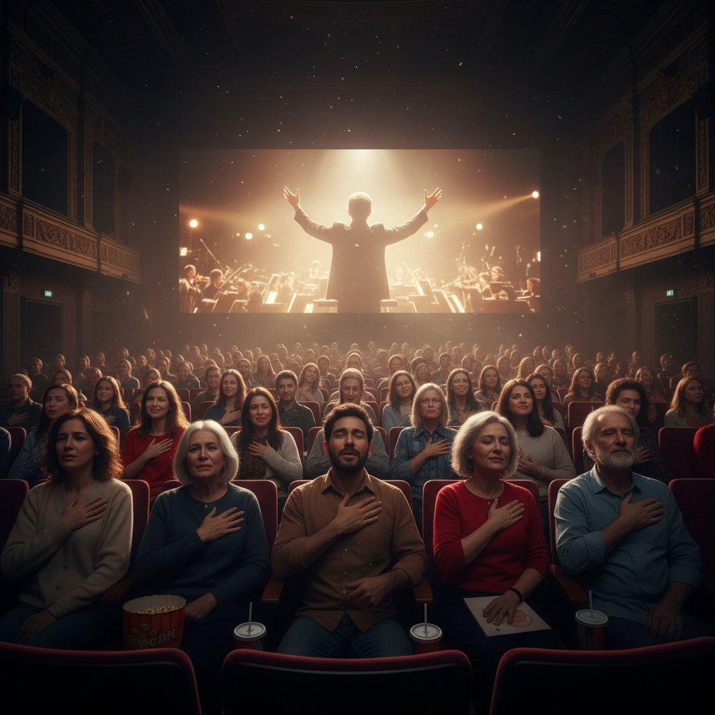 Movie theater audience gripped by emotional movie music, illustrating intense reactions in a dark cinema